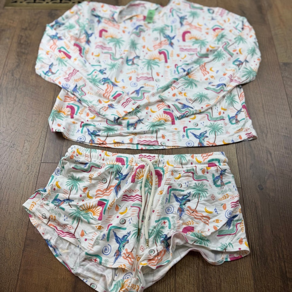 Honeydew Intimates Tropical Parrot Palm Print PJ Short Set Long Sleeve Medium